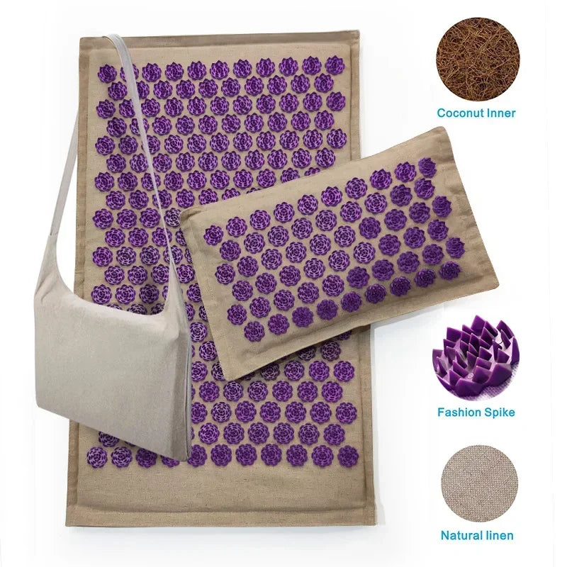 Akupressur-Massagematte 74×44cm – Yogamatte aus natürlichem Leinen und Kokosfasern mit Lotus-Spikes und Tragetasche