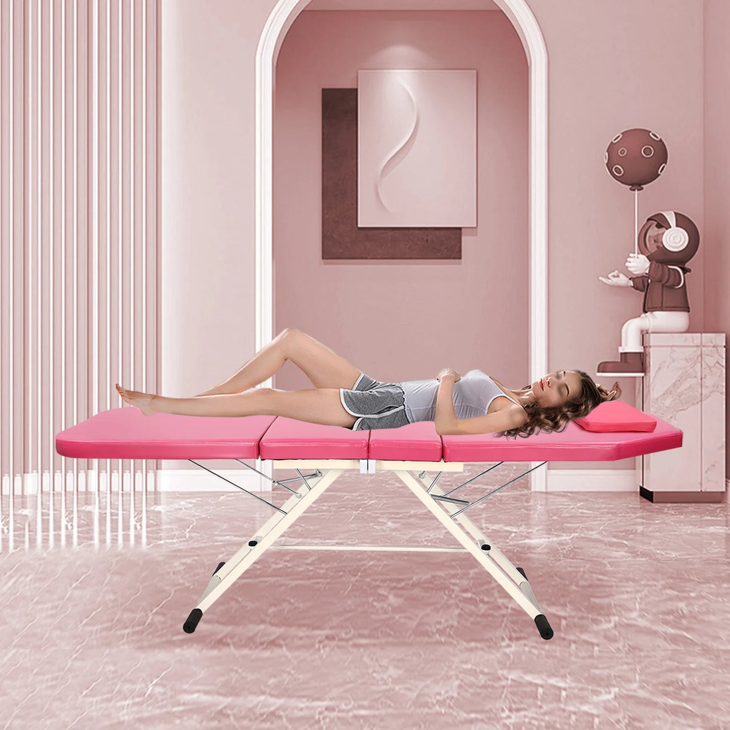 3-fach faltbares, tragbares Schönheits- und Massagebett – verstellbarer Spa-Tisch mit Aufbewahrungstasche (weiß/pink/schwarz)