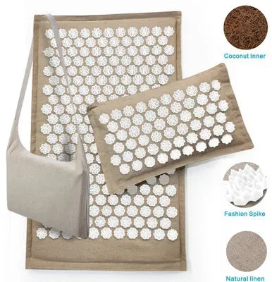Akupressur-Massagematte 74×44cm – Yogamatte aus natürlichem Leinen und Kokosfasern mit Lotus-Spikes und Tragetasche