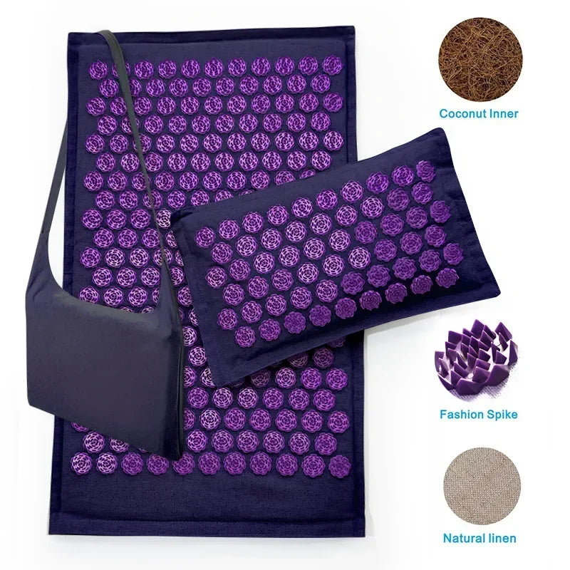 Akupressur-Massagematte 74×44cm – Yogamatte aus natürlichem Leinen und Kokosfasern mit Lotus-Spikes und Tragetasche