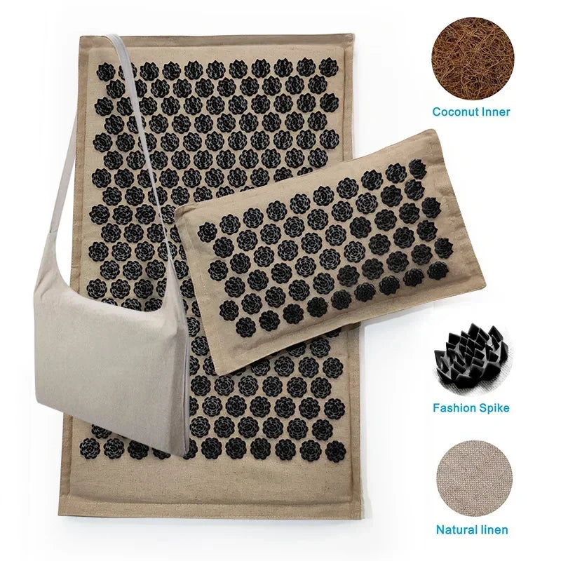 Akupressur-Massagematte 74×44cm – Yogamatte aus natürlichem Leinen und Kokosfasern mit Lotus-Spikes und Tragetasche