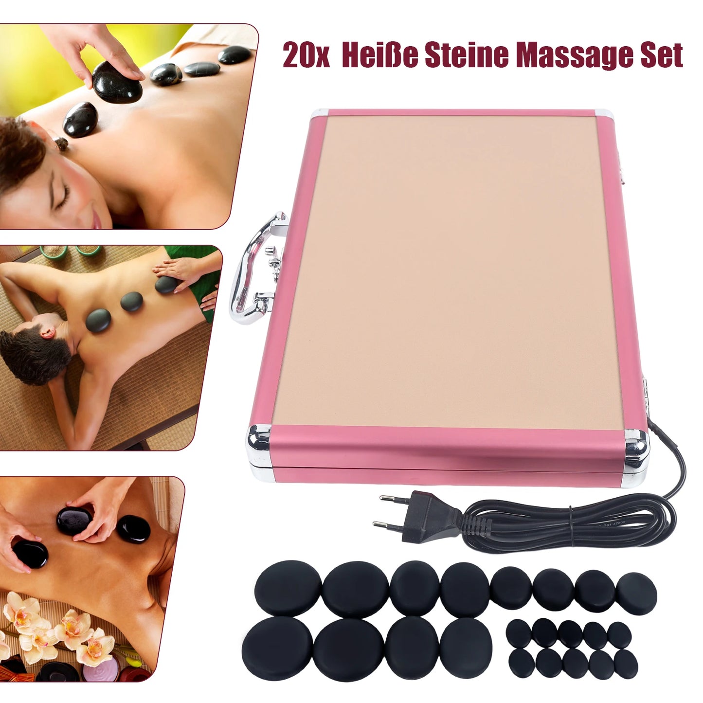 20-teiliges Hot-Stone-Massageset – Basaltstein-Set mit Heizbox für Spa, Therapie und Heißkompressenbehandlung