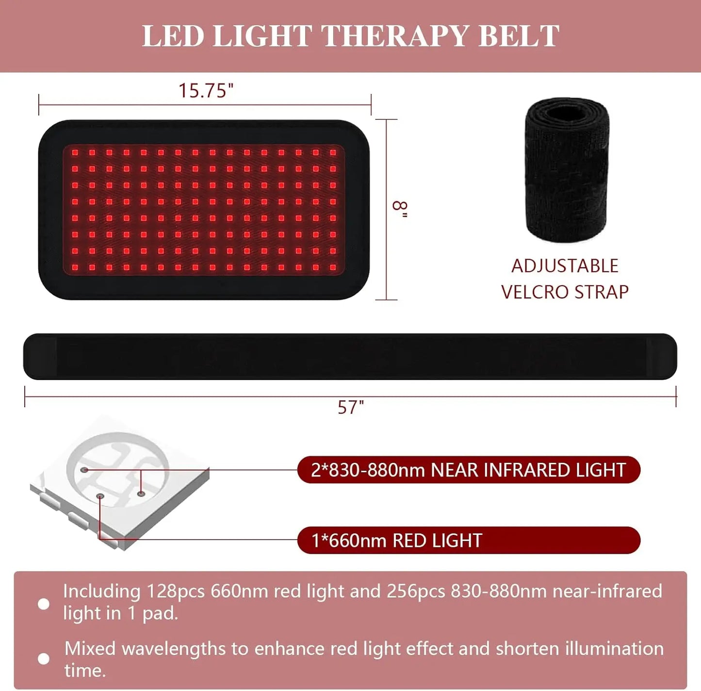 KTS Rotlichttherapiegürtel – 128-LED-Infrarot-Heizbandage zur Linderung von Rücken-, Knie-, Ellenbogen- und Fußschmerzen (880 nm)