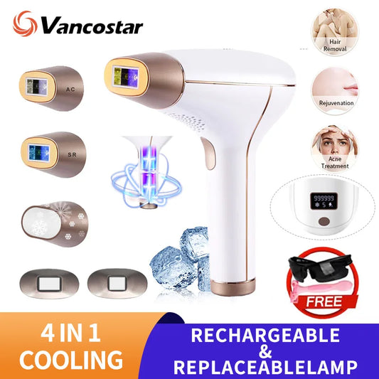 🚫 Schmerz, ✨ Glätte: Vancostar 4-in-1 kabelloses IPL-Haarentfernungsgerät Dauerhafte Haarentfernung mit Kühlung und austauschbarer Lampe – Sicher für Bikinizone, Körper und Gesicht