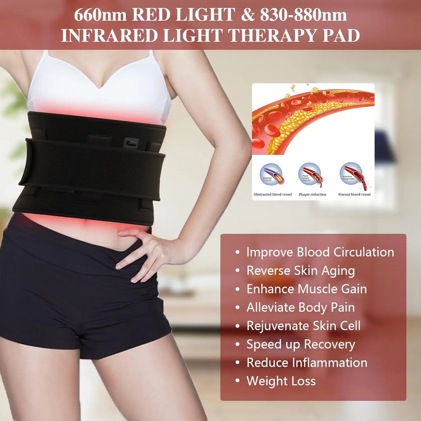KTS Rotlichttherapiegürtel – 128-LED-Infrarot-Heizbandage zur Linderung von Rücken-, Knie-, Ellenbogen- und Fußschmerzen (880 nm)